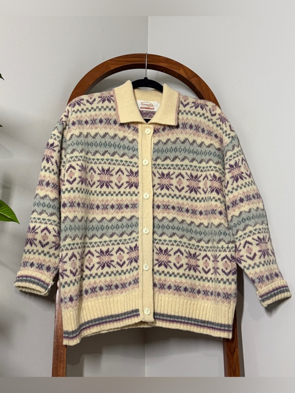 The Edinburgh Woollen Mill MEDIUM Cream Pastel Fair Isle Wool Cardigan Sweater